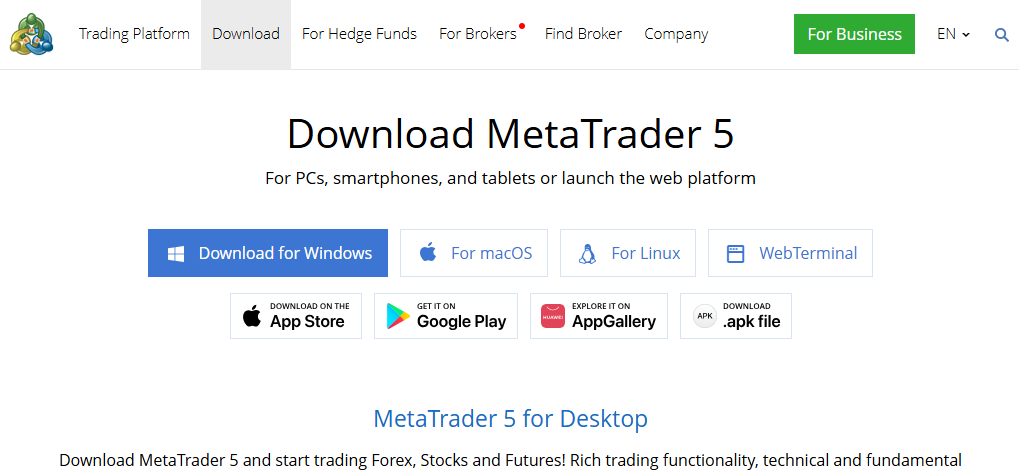 Screenshot of the download page for MetaTrader 5