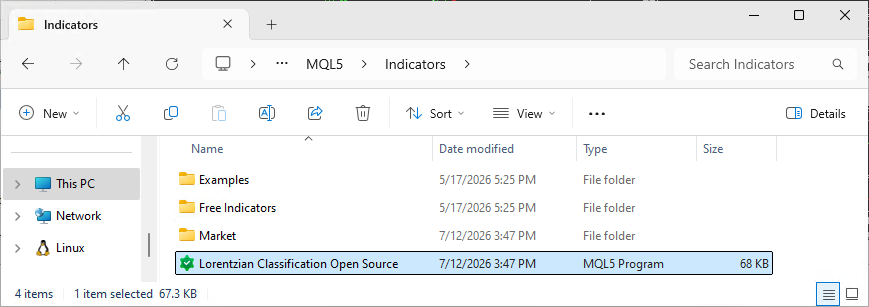 Screenshot of a Windows Explorer window with the address bar showing the path MQL5 / Indicators. The folder holds three subfolders — Examples, Free Indicators, and Market — plus the copied file "Lorentzian Classification Open Source", an MQL5 Program of 68 KB, which is selected and highlighted at the bottom of the list.