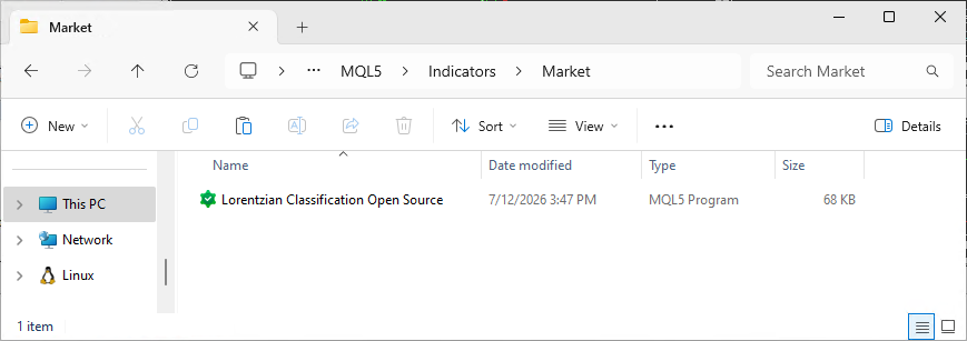 Screenshot of a Windows Explorer window with the address bar showing the path MQL5 / Indicators / Market. The folder contains a single item, "Lorentzian Classification Open Source", listed as an MQL5 Program of 68 KB.