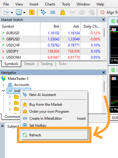 Screenshot of the MetaTrader 5 Navigator panel with the Indicators node right-clicked. The context menu lists New AI Assistant, Buy from the Market, Order your own Program, Create in MetaEditor, Set Hotkey, and Refresh. The Refresh entry at the bottom is outlined in an orange box, and an orange arrow points to it.