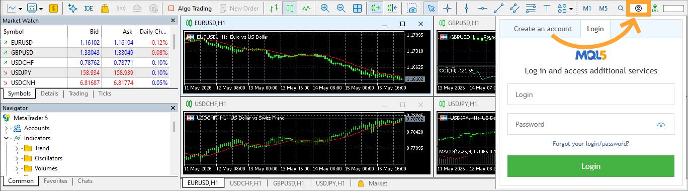 Screenshot of MetaTrader 5 with the MQL5 login panel open on the right. An orange arrow points to the account icon at the right-hand end of the toolbar, which opens the panel. The panel has Create an account and Login tabs, and empty Login and Password fields.
