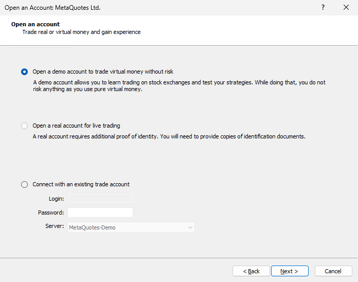 Screenshot of the Open an Account wizard, first screen, with "Open a free demo account" highlighted.