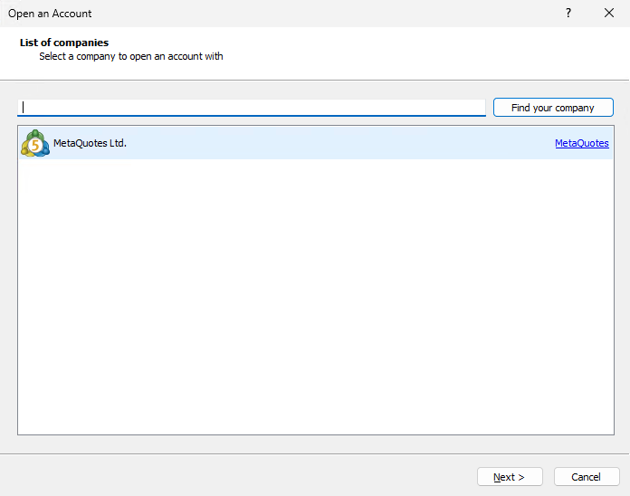 Screenshot of selecting a company to open an account with in the Open an Account wizard